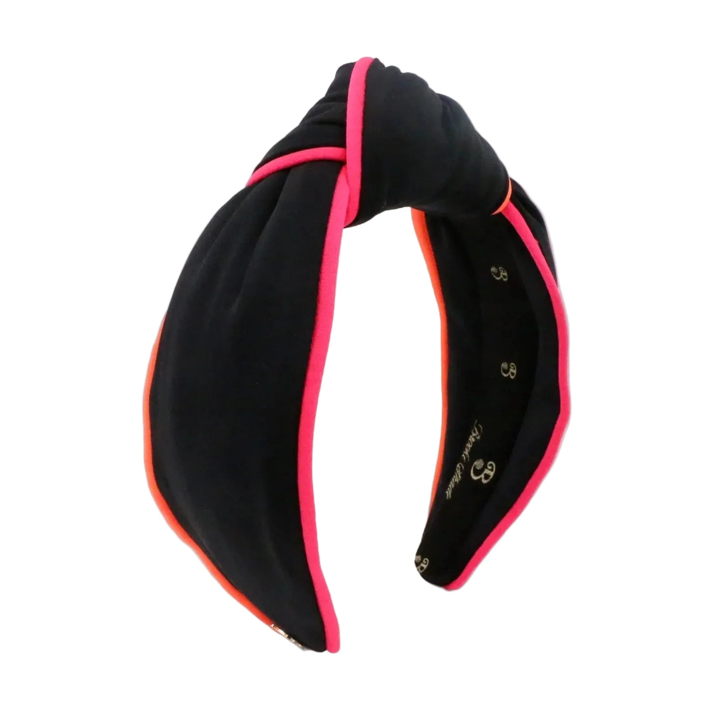 Black headband with pink and orange trim on a white background