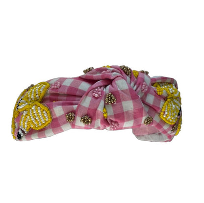 The Back To School Gingham Pink Pencil Bow Beaded Headband
