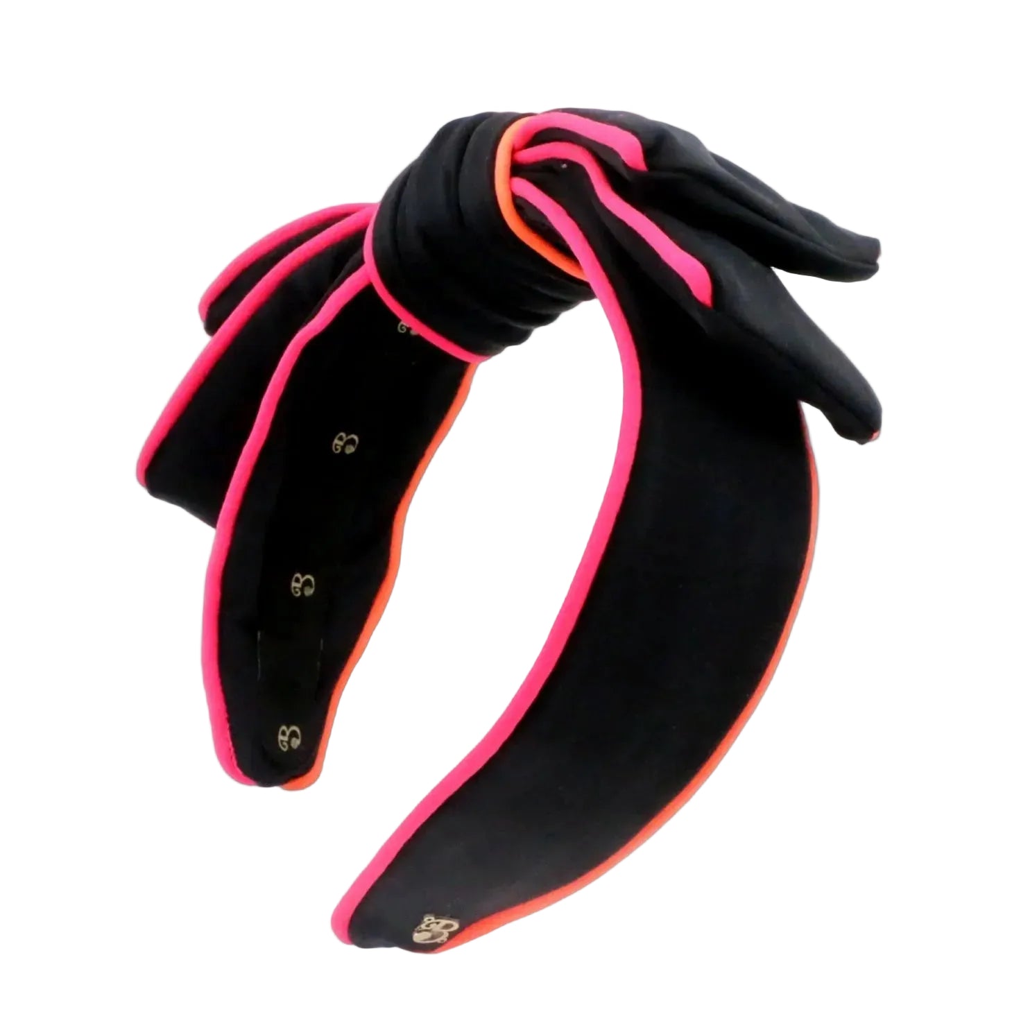 A black neoprene headband featuring a large bow at the top, trimmed with vibrant hot pink and orange borders, with a clean white background.