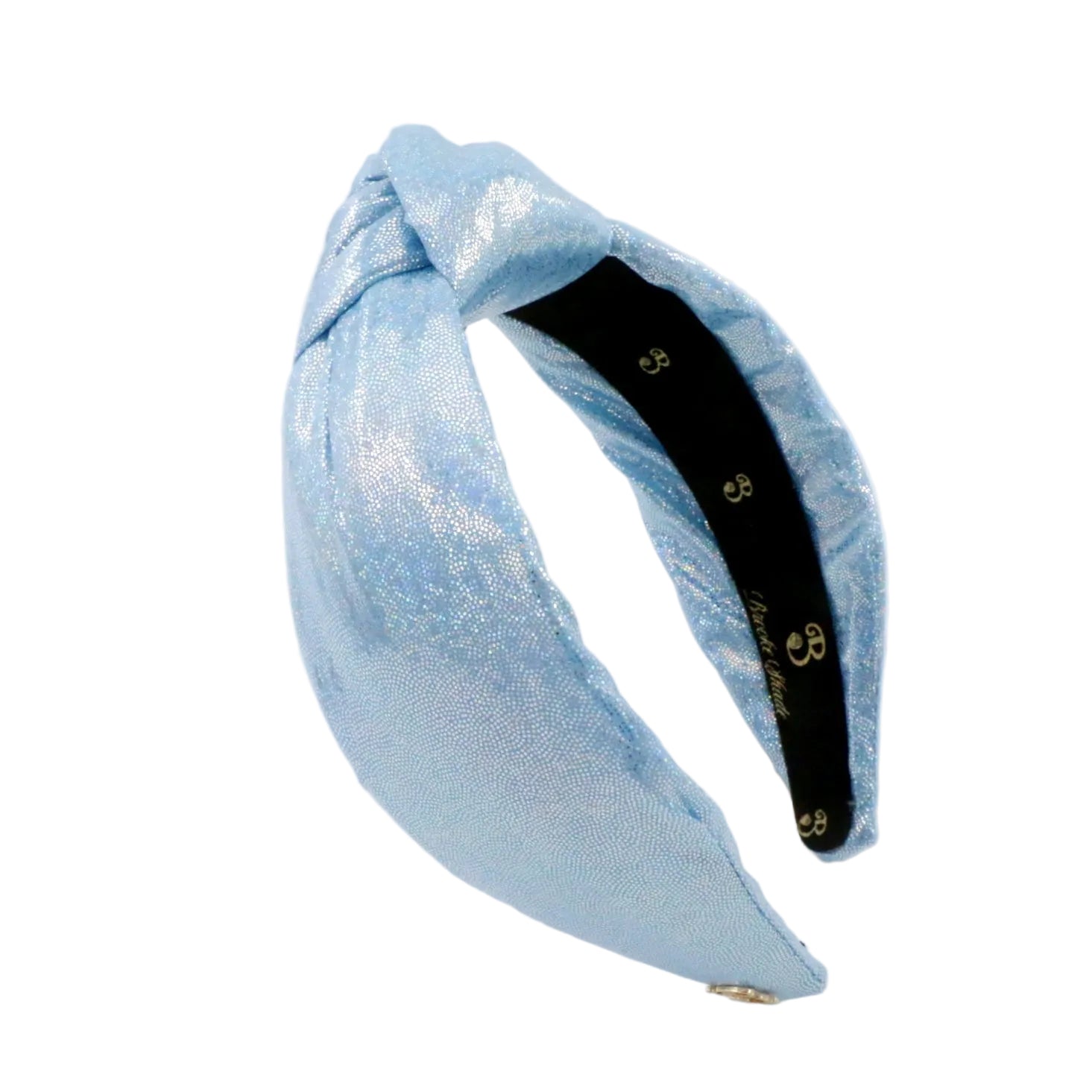 A light blue metallic fabric headband with a twisted knot design, shown on a clean white background. The inner band is black with small gold decorative details.