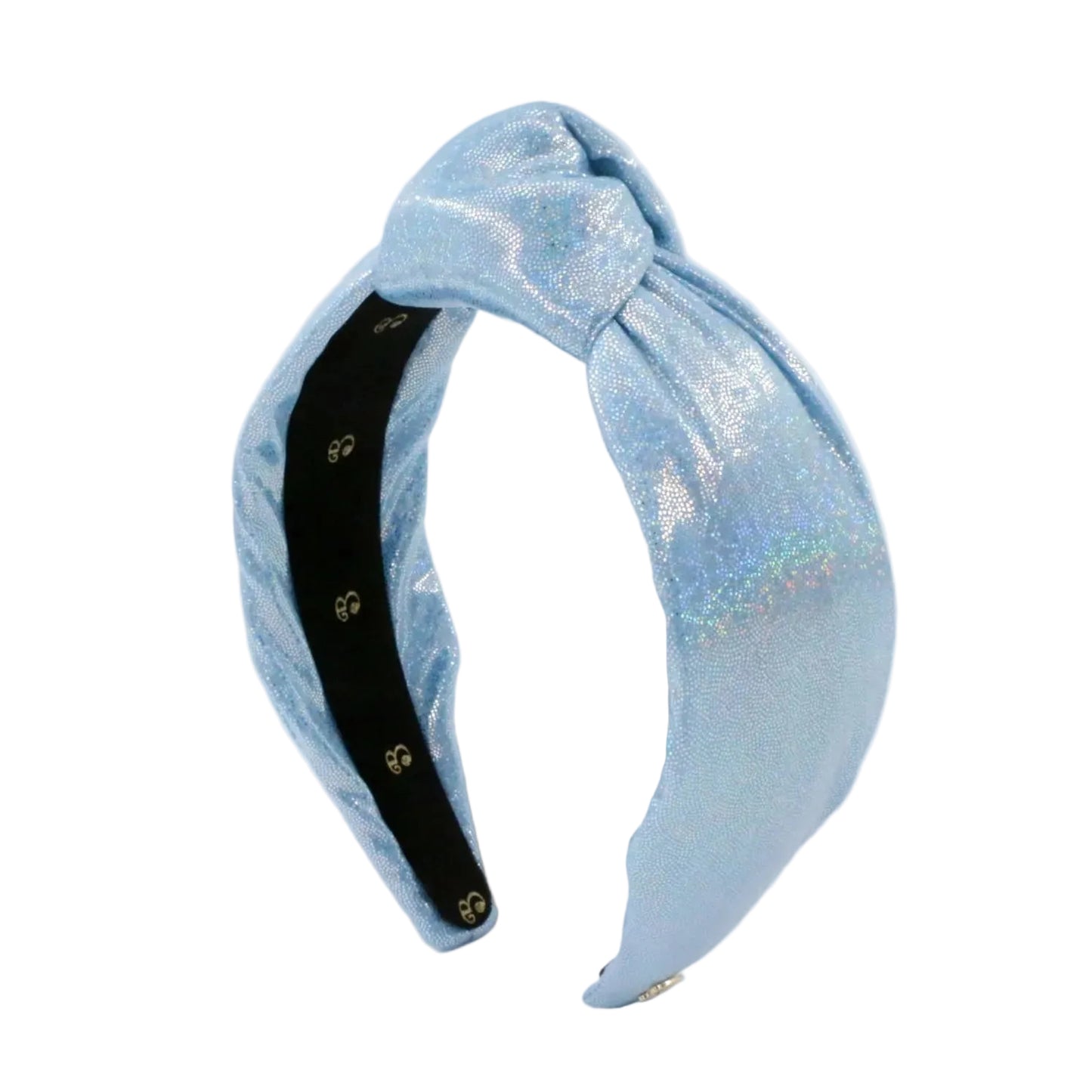 A light blue glittery fabric headband with a twisted knot design and a black adjustable inner band with small gold snaps, shown on a plain light gray background.