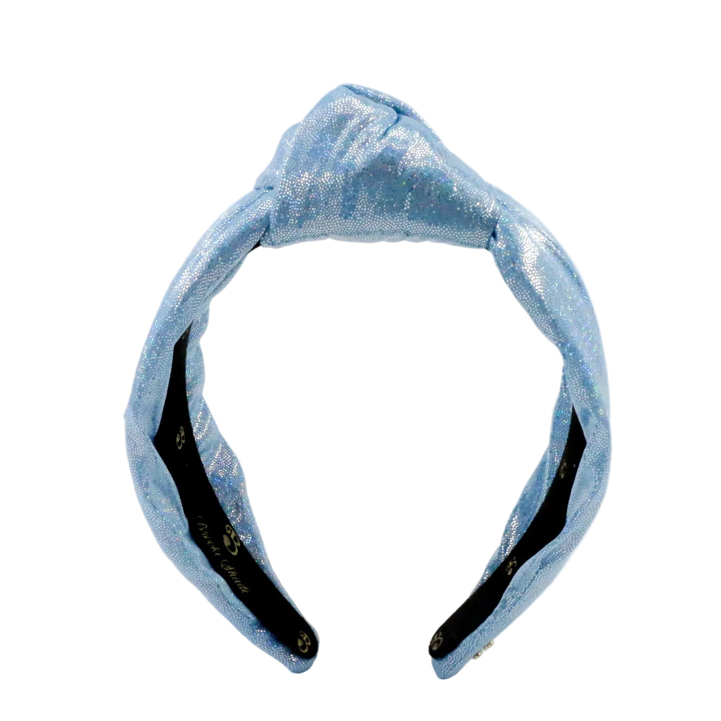 A light blue glittery fabric headband with a twisted knot design at the top, shown against a plain white background.