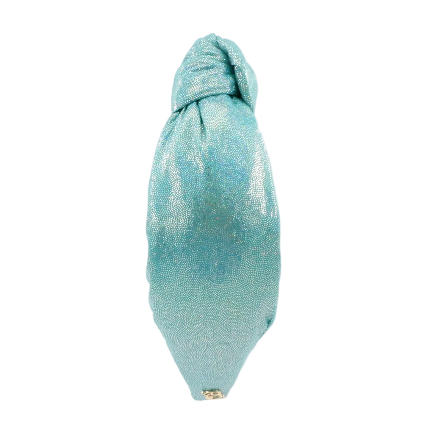 A metallic turquoise blue fabric headband with a knotted top and a pointed tip, displayed on a clear stand against a white background.