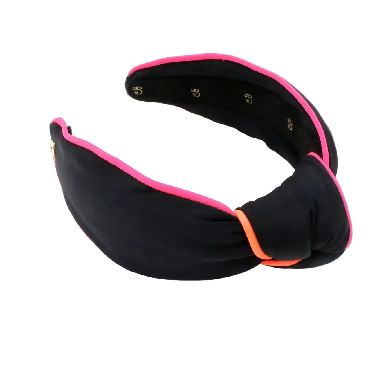 Black headband with pink and orange accents on a white background