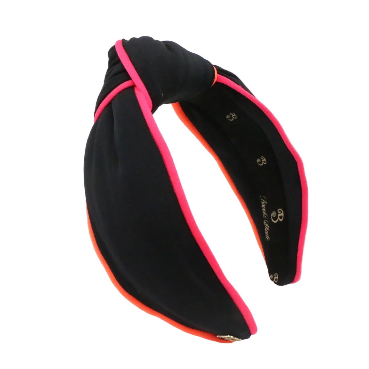 Black headband with pink and orange trim on a white background