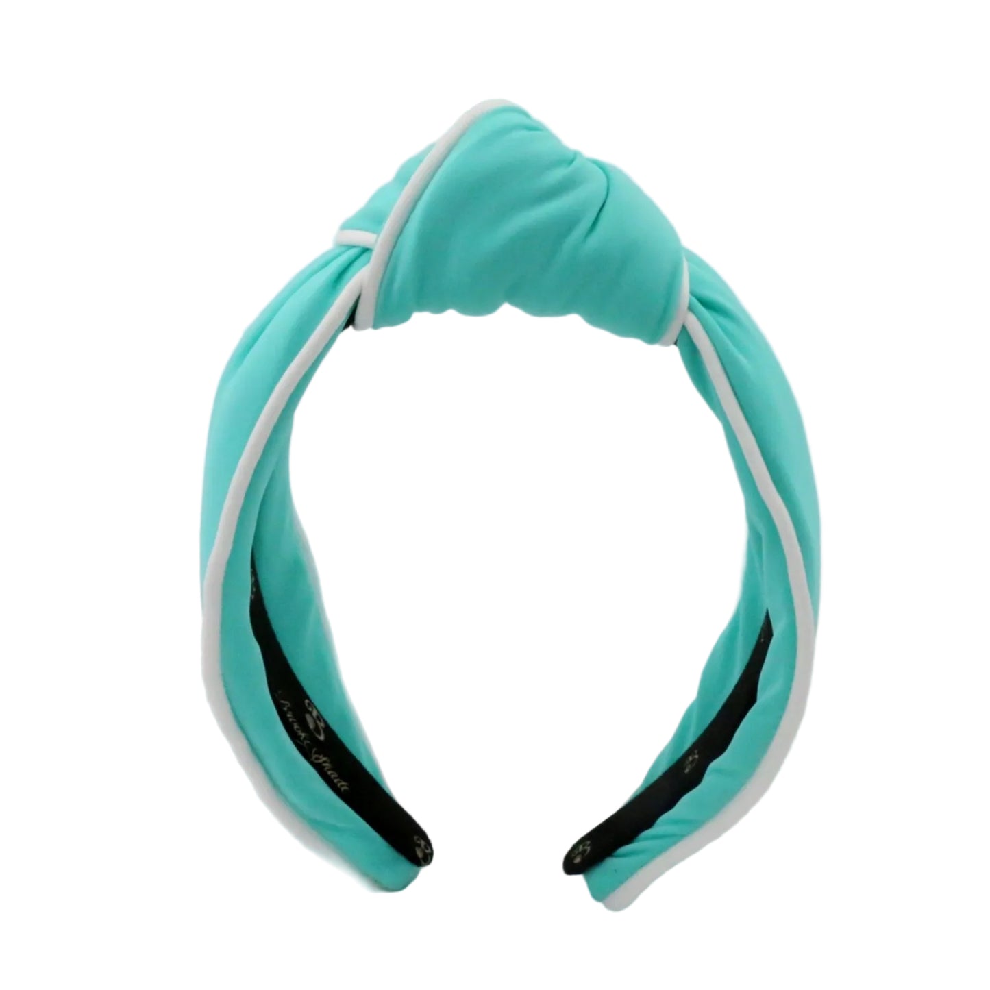 Turquoise headband with white and black accents on a light gray background