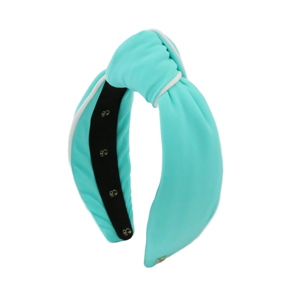 Turquoise headband with a black center on a light gray background